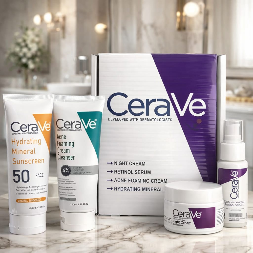 CeraVe Complete Skincare Combo Kit – Sunscreen SPF 50, Acne Cleanser, Retinol Serum & Night Cream